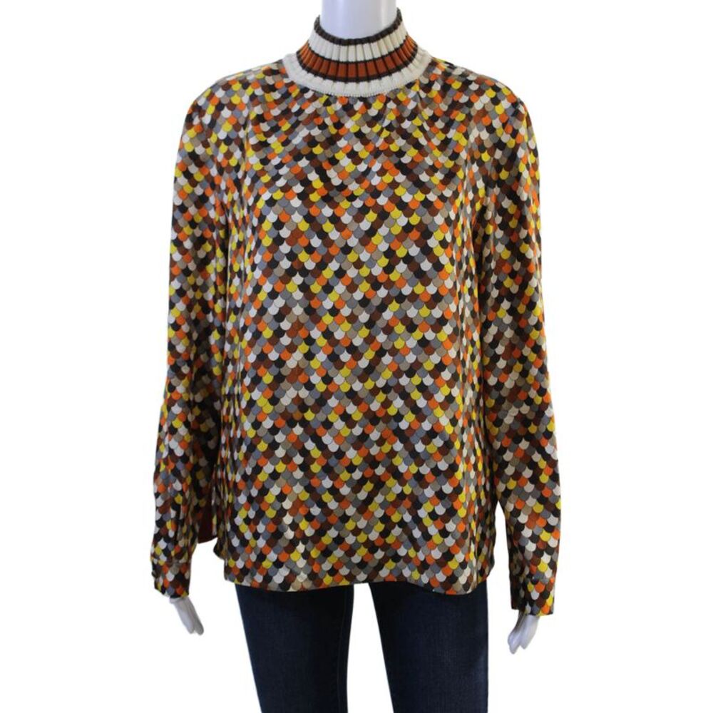 Dice Kayek Women Brown Geometric Mock Neck Long Sleeve Blouse Retro Size 38